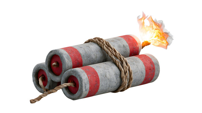 Dynamite sticks white background, explosive device with burning fuse for danger and demolition