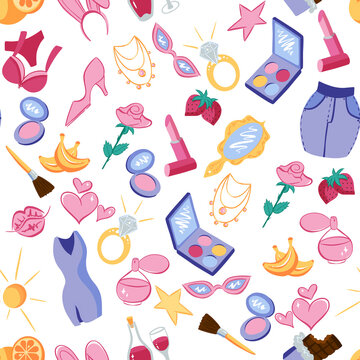 seamless pattern with accessories fruits clothing and makeup without background 