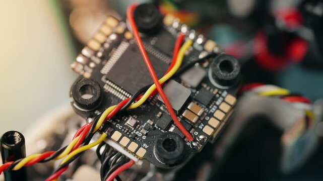 Technician soldering components onto circuit board of disassembled fpv drone