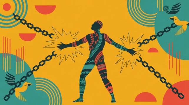 Artistic illustration of a man breaking chains representing freedom and liberation with indigenous patterns