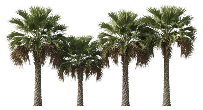 Four palm trees with textured trunks and green fanshaped leaves isolated on transparent background