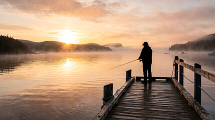 Fototapeta premium Lone Fisherman Silhouette Fishing from Wooden Dock at Misty Sunrise