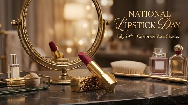 Red lipstick on vanity for national lipstick day with beauty product, glam setup