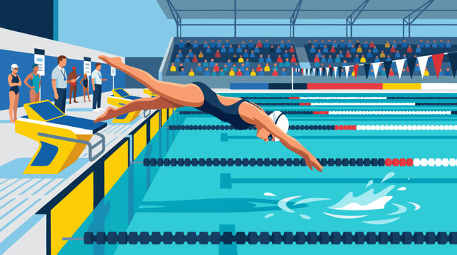 A swimmer diving into a clear blue pool at the start of a competitive race in a dynamic flat vector illustration on a light background, ideal for sports and swimming event designs