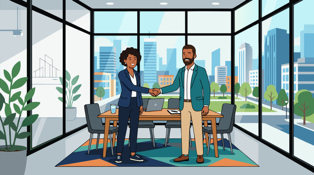 Two founders shaking hands sealing a partnership agreement in a bright glass-walled modern meeting room in a professional flat vector illustration on a light background, ideal for business and partner