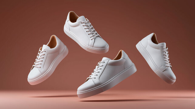 Group of white canvas sneakers levitating in the air against a minimalist peach pink studio background.