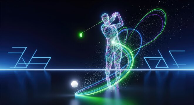 Luminous holographic figure performs a powerful golf swing amidst glowing neon light trails and digital particles in a futuristic setting, stroke, holographic, computer-generated