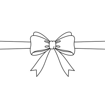 Simple Black Line Gift Bow Tied on Ribbon Against White Background