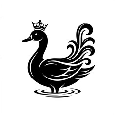 Fototapeta premium A majestic swan wearing a crown swims in water with decorative feathers.