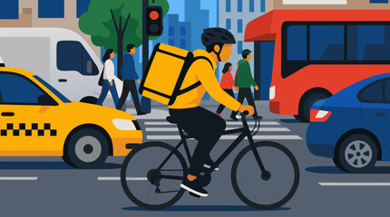 Fototapeta premium A cyclist food courier riding through busy streets with a delivery backpack, a clean flat vector illustration ideal for gig economy apps, food delivery services, and urban mobility campaigns