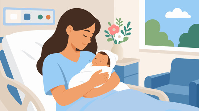 Mother gently holding her newborn baby in a calm and bright hospital room scene depicted as a heartwarming clean flat vector illustration ideal for maternity, healthcare, and family-themed designs