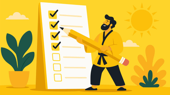 Motivated productivity guru cheerfully checking off a tall to-do list with a giant pencil against a sunny yellow background in a clean flat vector illustration, great for planning and motivational con