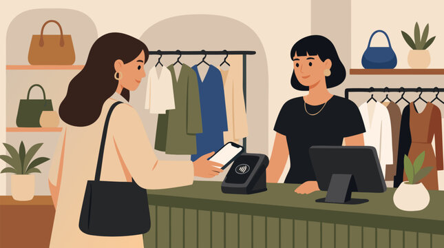 Person tapping their phone to pay at a sleek contactless checkout terminal in a modern boutique, clean flat vector illustration ideal for fintech, digital payments, and retail technology branding
