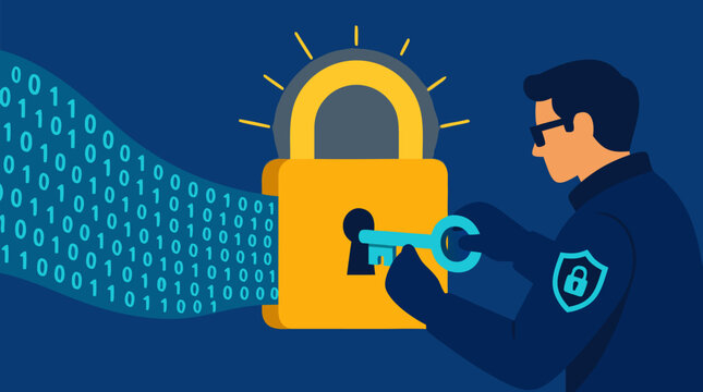 Security expert locking a massive glowing padlock over a stream of flowing binary data in a dramatic clean flat vector illustration, perfect for cybersecurity, data protection, and technology branding