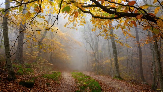 Leaf strewn trail winding through misty autumn beech trees