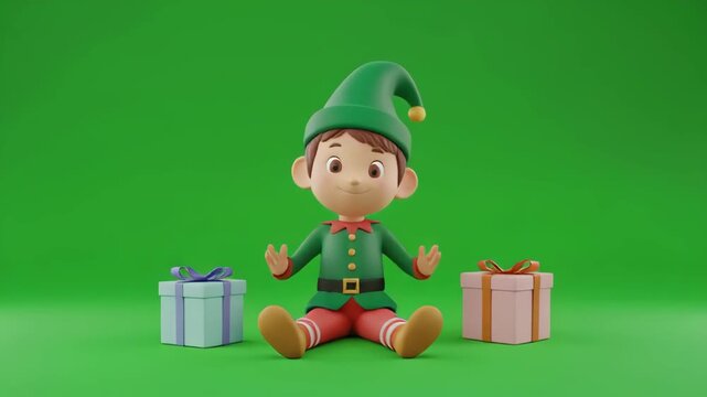 Christmas elf with gifts on green screen during festive holiday season