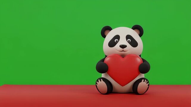 Claymation Panda Bears holding red hearts in a row with simple background