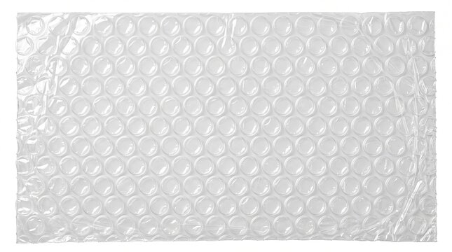 Transparent bubble wrap texture on white background, protective plastic packaging material, clear cushioned shipping film for fragile items