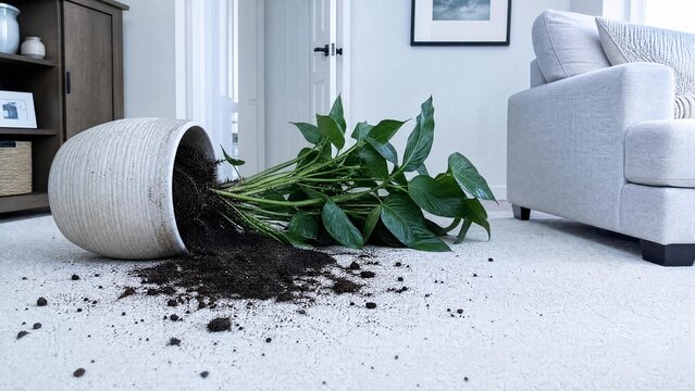 Knocked Over Houseplant with Spilled Soil on Modern Living Room Carpet