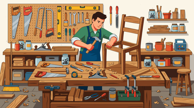 A craftsman works at a sturdy workshop bench surrounded by woodworking tools and timber as he carefully builds a piece of furniture, capturing artisan skill and craftsmanship ideal for woodworking bra