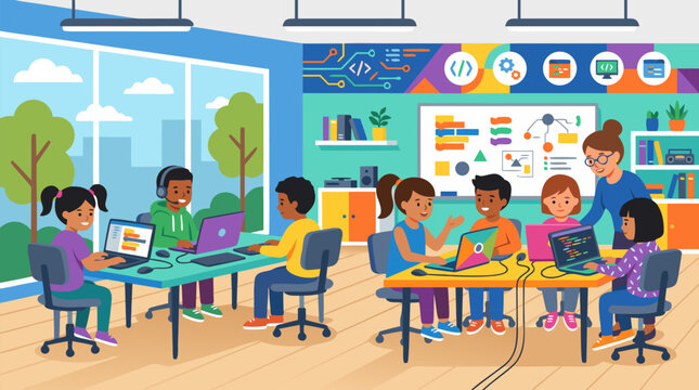 Flat vector illustration of children learning to code on colorful laptops in a bright modern tech classroom, ideal for educational technology campaigns and STEM program promotions