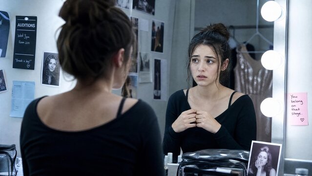 Nervous Young Actress Preparing for Audition in Backstage Dressing Room Mirror