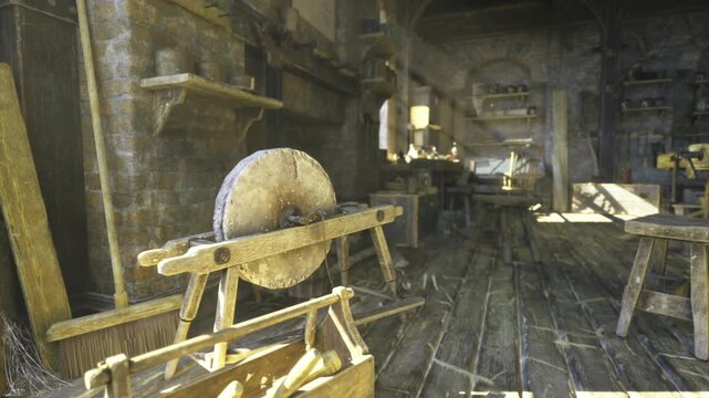 Empty artisan studio with multiple benches and scattered tools, shafts of light falling across planks. Scene suggests active workshop between shifts, shelves