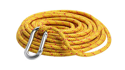 Yellow climbing rope coiled with metal carabiner clip © Alex