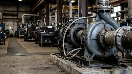 Fototapeta premium heavy duty industrial pump installed in engineering facility with copy space on left side