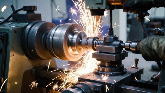 Metal lathe cutting metal with sparks in industrial workshop