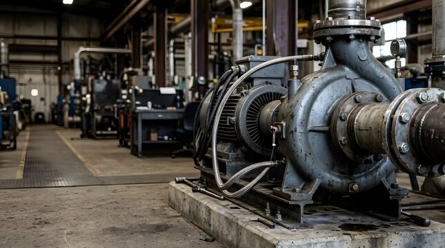 heavy duty industrial pump installed in engineering facility with copy space on left side