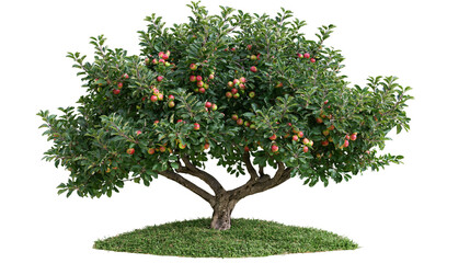 Fruiting apple tree with red and green apples on green grass © Alex