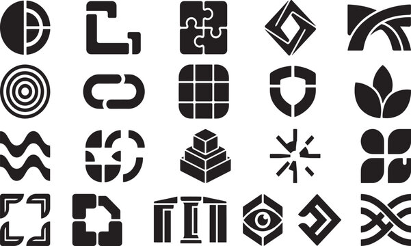 Abstract Geometric Shape and Corporate Logo Mark Element Pack, Modern Minimalist Silhouette Vector Design Set, Trendy Tech Logo Symbols with Puzzle, Shield, Pillars, and Eye Graphic Assets