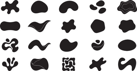 Fototapeta premium Abstract Organic Shapes and Liquid Blob Icon Pack, Minimalist Silhouette Vector Design Elements, Smooth Zen Pebbles and Fluid Dynamic Amorphous Blotches with Topographic Contours and Water Wave Forms