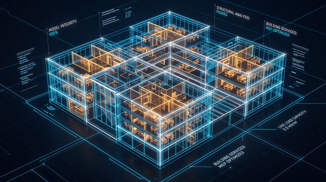 Digital 3D wireframe architectural model of a modern multi-story building showing structural analysis data and building services optimization interface