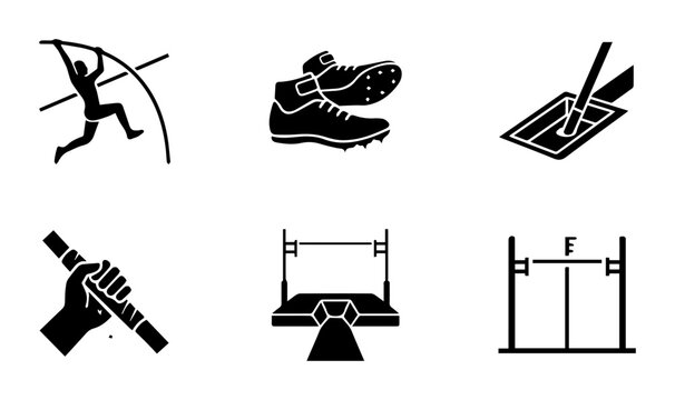 Track and Field Icons Set: Pole Vault, Spikes, Baton Pass, Hurdles, High Jump, Shot Put Vector Graphics