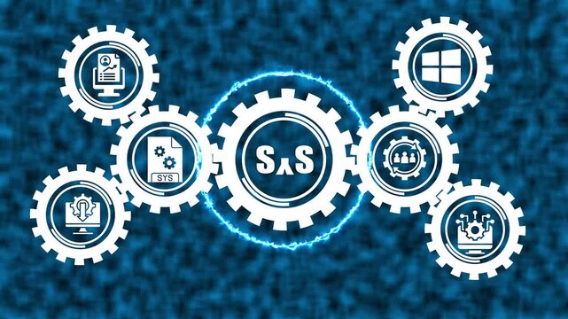 Digital system integration concept with rotating gears and tech animated network connectivity and software infrastructure process for business technology solutions