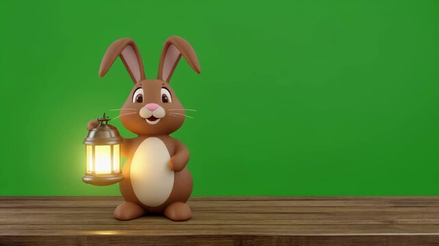 Cute bunny holding glowing lantern on wooden surface with green screen background in cinematic motion
