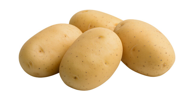 Four whole raw potatoes with light brown skin and small dark eyes