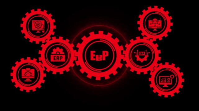 Erp system concept with rotating red gears and digital business management for enterprise resource planning software solutions and corporate automation technology