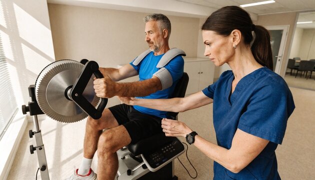 A female physical therapist in blue scrubs supervises a middle-aged man using an arm ergometer rehabilitation machine during a physical therapy session in a bright clinical room.