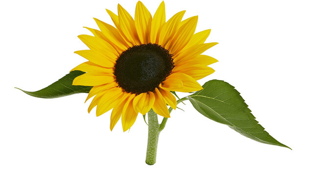 Bright yellow sunflower with dark center and green leaves