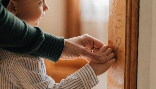 A parent wearing a wedding ring guides a young child's hand to trace numbers on a wooden door frame at home, ideal for early childhood education content.