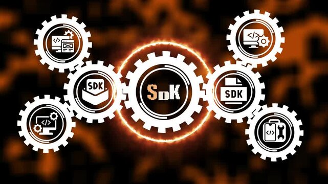 Sdk software development kit concept with rotating gears and digital programming for tech innovation and application engineering solutions