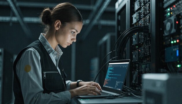 A young female IT technician types code on a laptop in a dark server room surrounded by hardware and blinking indicator lights, ideal for cybersecurity and data center concepts.