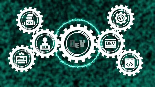 Software development concept with rotating gears and coding digital technology background, for programming, web, engineering, and it, solutions animation