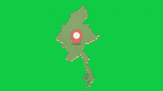 Animated Myanmar Map with Bouncing Location Marker on Naypyidaw City, Transparent Background, Alpha Channel, 4K resolution