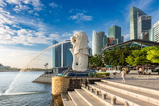 Singapore, February 03, 2024: Merlion statue fountain at Merlion Park in Marina Bay of Singapore. Merlion is the national symbol of Singapore depicted as a mythical creature with a lion head.