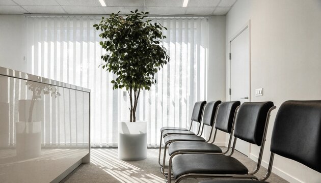 A bright modern medical or corporate waiting room with black leather chairs, vertical blinds, and a large indoor ficus tree, ideal for healthcare or office interior design concepts.