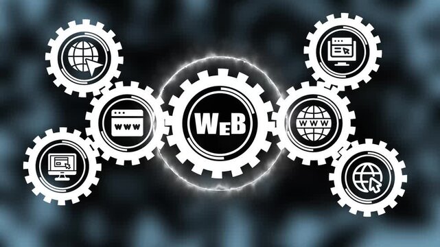 Web development concept with rotating gears and digital animation for internet technology and software engineering presentations
